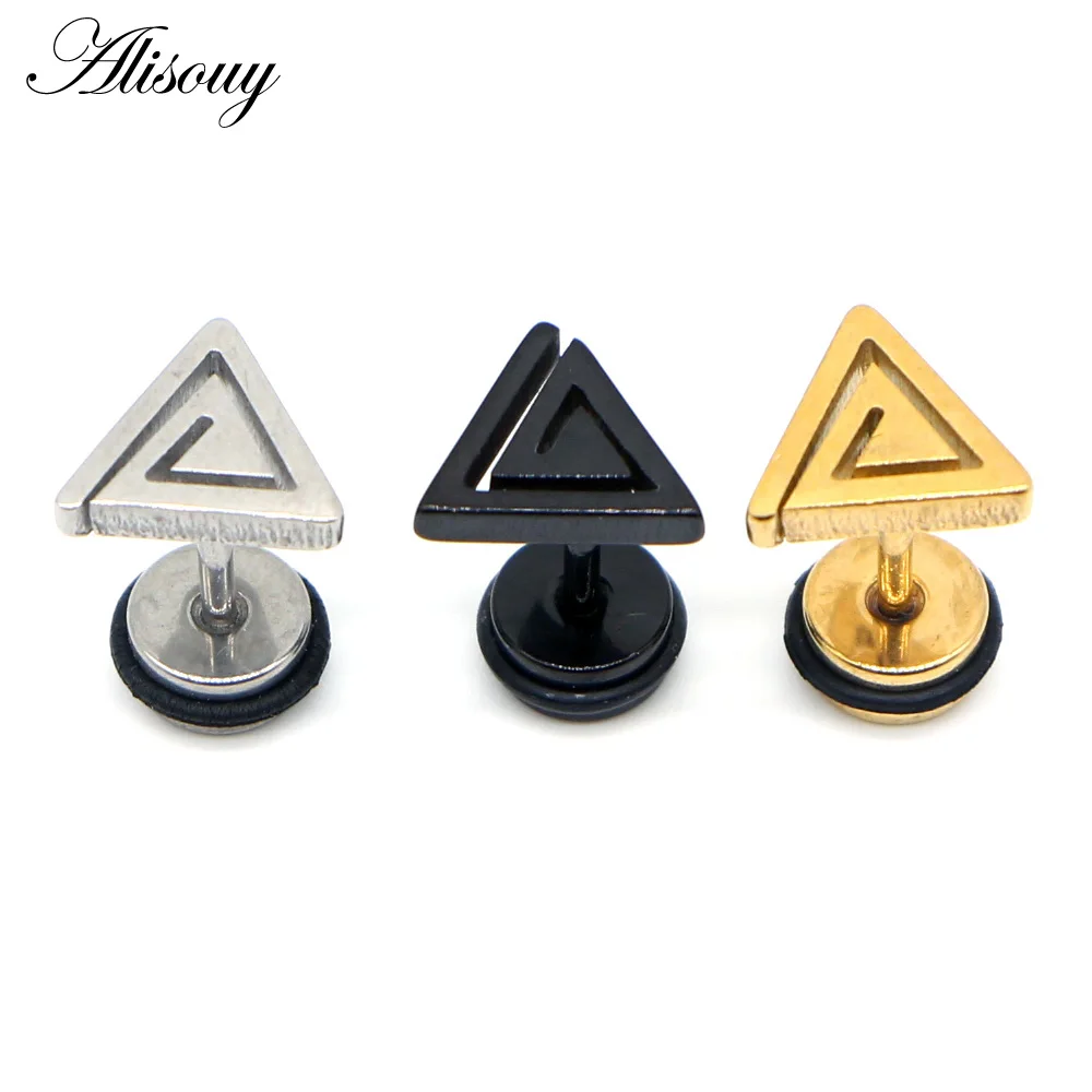Alisouy 2pcs Casual Stainless Steel Triangle Design Stud Earrings Black Gold Color Man Fashion Jewelry Male Earrings