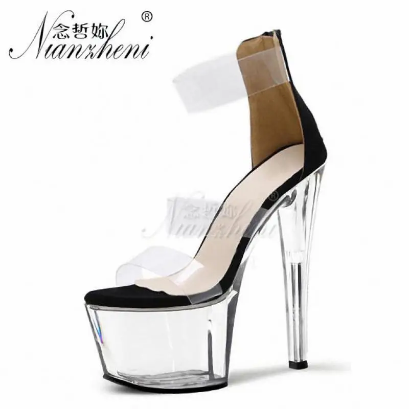 17cm Womens Fashion Platform Ankle Strap Sandals Wedding Party Model Crystal Shoes 7 Inch Sexy Evening Transparent High Heels