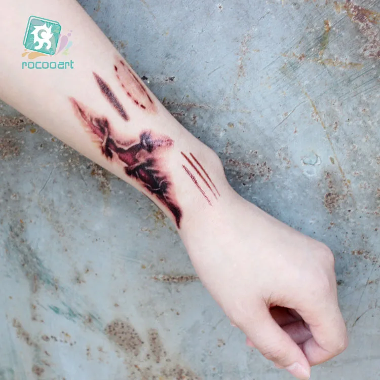 Rocooart 2022 Fake Tattoo Halloween Terror Wound Temporary Tattoo Realistic Blood Taty Injury Scar Tattoo Sticker Razor Blade 3D