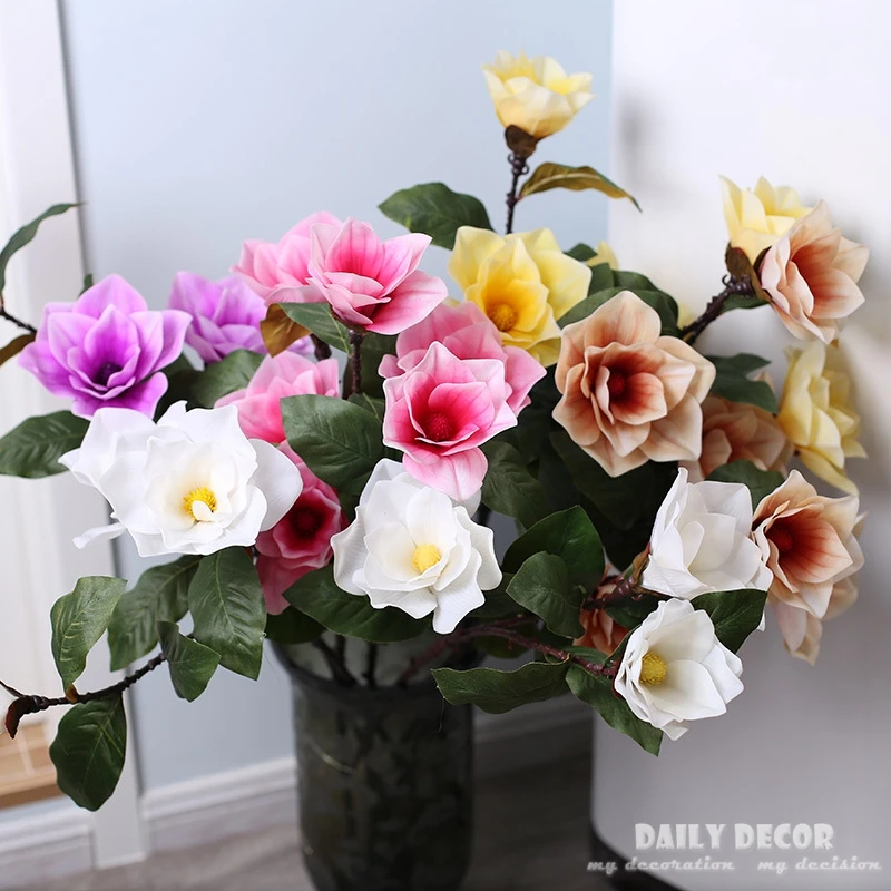 

6 pcs/lot ! Real touch hand felt 98cm long stem 3 heads artificial latex big magnolia wholesale silicone plastic orchid flowers