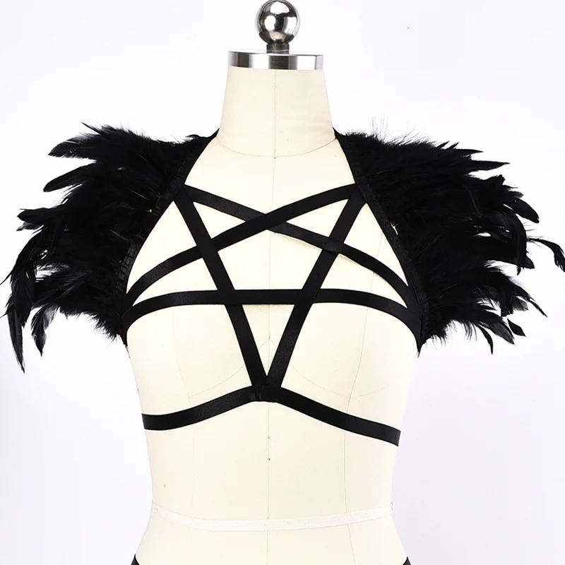 

PENTAGRAM BODY HARNESS Black Exaggerated Epaulette Feather Sexy Cage Bra Elastic Belt Adjustable Halloween Goth Clothes Harness