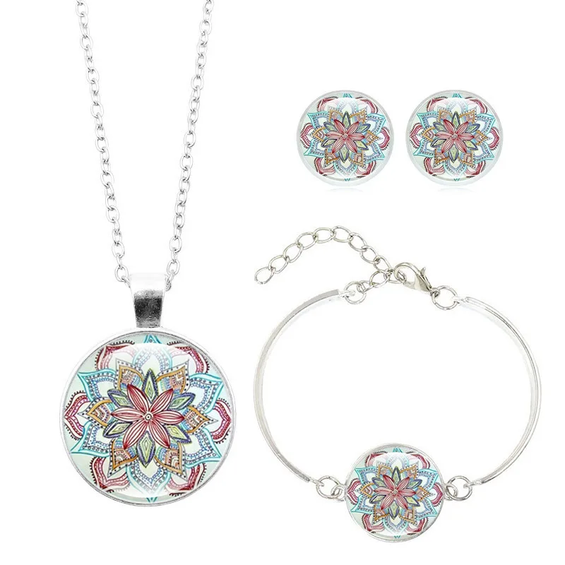 Mandala Flower Jewelry Sets Pendant Necklace Bracelet Earrings Sets Glass Cabochon Religious Buddhism Jewelry