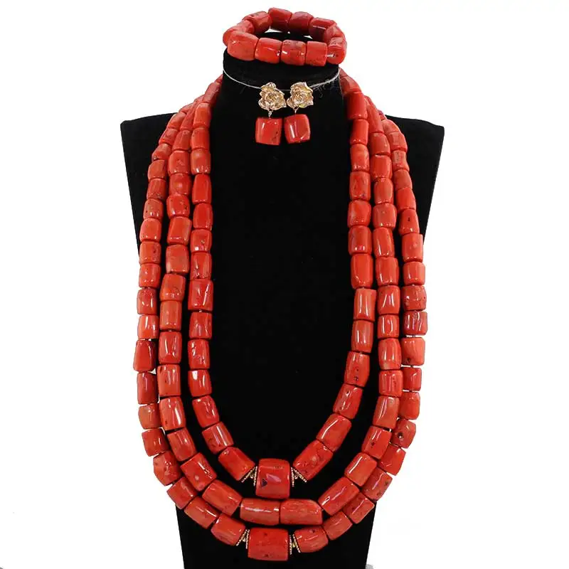 Luxury 4 Layers Real Nigerian Coral Beads Jewelry Set Big Coral Bead Heavy Bold Statement Bridal Necklace Set New ABH904