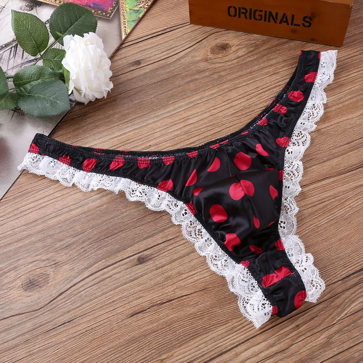 Men Low Rise Lingerie High Cut Ruffle Lace Polka Dots Bikini Briefs Gay Swimwear G-string Thong Hot Sexy Underwear Sissy Panties