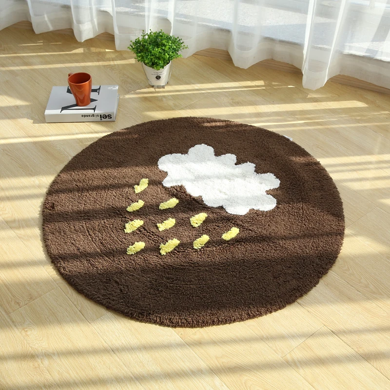 

PAYSOTA-Pure Cotton Soft Round Carpet for Children, Cartoon Cloud, Rain, Creeping, Anti-slip Mat