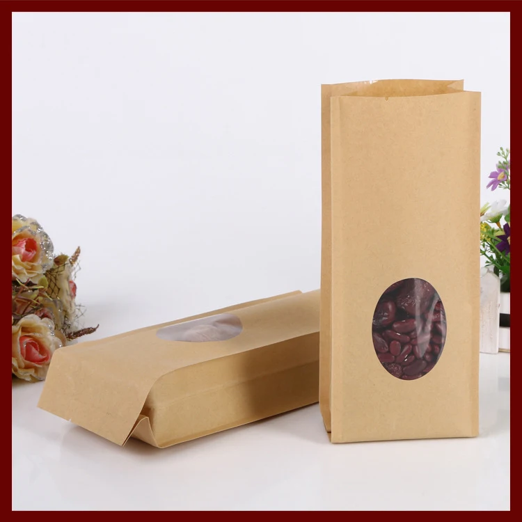 10*28+6 100pcs brown self Opening kraft paper bags with window for gifts sweets and candy food tea jewelry retail package paper