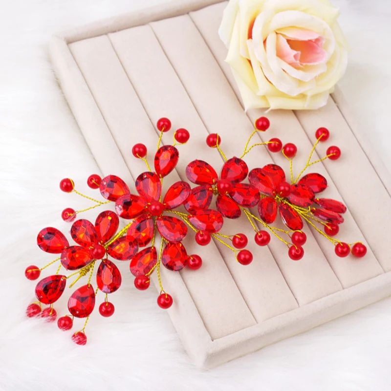 Women\'s Red Flower Wedding Bridal Party Accessary Handmade Hair Pin Clip Jewelry Luxury hair accessories red Hairpin