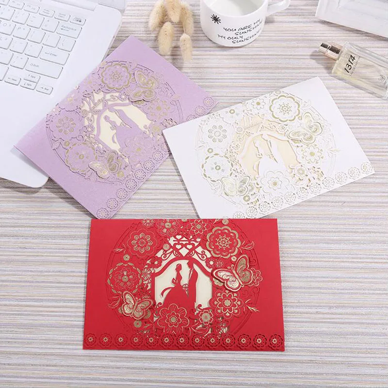 

100pcs 4 Color Laser Cut Bride and Groom Wedding Invitation Card Marriage Greeting Card Envelopes Wedding Party Favor Decoration