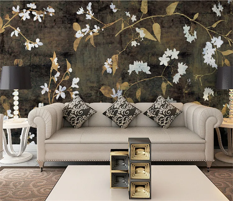 

Custom photo European and American retro black bottom pattern white small floral painting TV background wall decorative painting