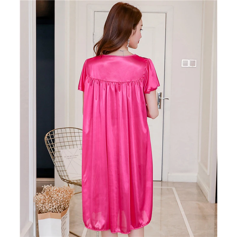 Summer Women Nightgown New Short-sleeved V-neck Sexy Ice Silk Nightdress Loose Large Size Simulation Silk Nightgown Home Service