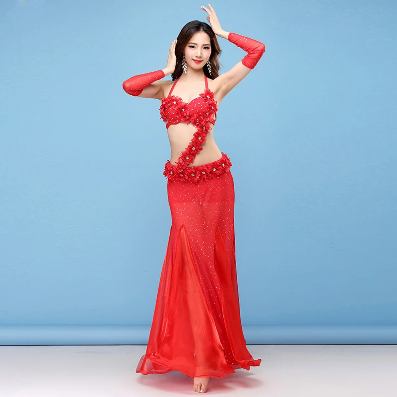 Red Women Dance Wear Oriental Style Flowers Maxi Skirts Sequins Belly Dance Costume 4pcs Set (Bra, Belt, Skirt & Sleeves)