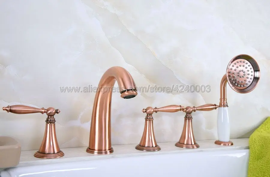 

Antique Red Copper Deck Mounted 5pcs Bath tub Faucet Mixers Widespread Bathtub Faucet with Handshower Ktf203