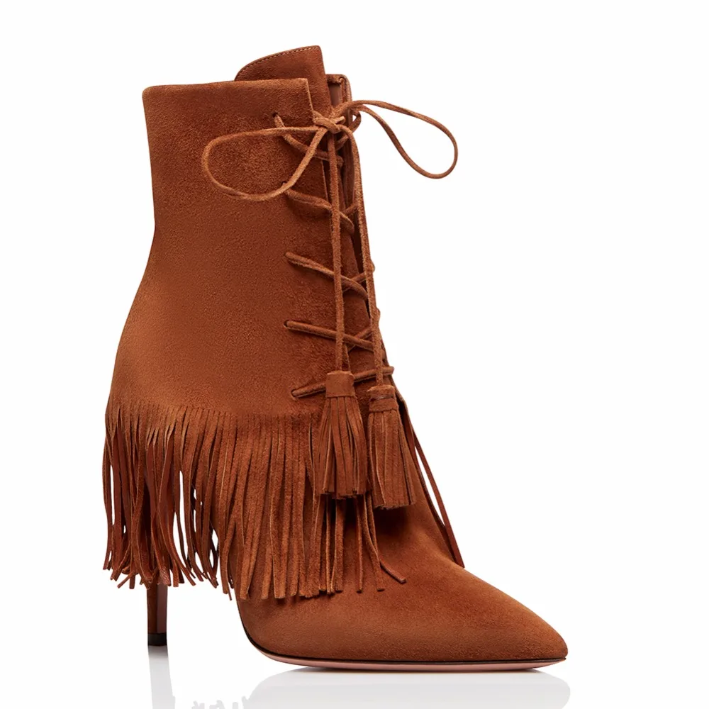 Woman Fringe Bright Brown Pointed Ankle Boots Supper Tassles High Heel Lace Up Short Boots Ladies Fashion Shoes Free Shipping