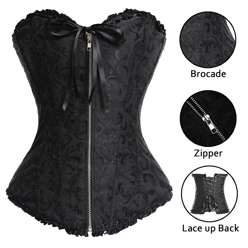 Women Halloween Zipper Bustier Top Corset Sexy Boned Waist Trainer Corset Overbust Brocade Plus Size Waspie Black