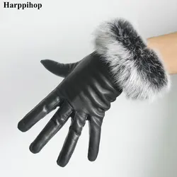 Hot-selling black women's small rabbit fur thickening thermal genuine leather gloves women's winter