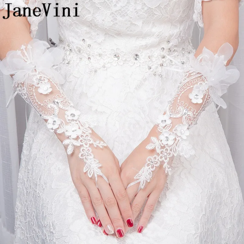 JaneVini 2018 White Bridal Lace Aplique Bruiloft Handschoen Kralen Bloemen Vingerloze Bruid Handschoenen voor Bruiloft Hochzeit Handschuh