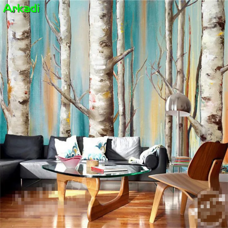 

Custom 3D mural wallpaper fresh living room art tile background wall oil painting poplar forest modern minimalist living room