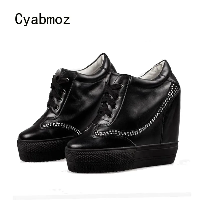 Cyabmoz Women Platform Shoes Genuine leather Wedge Rhinestone High heels Height increasing Party Ladies Shoes Tenis feminino