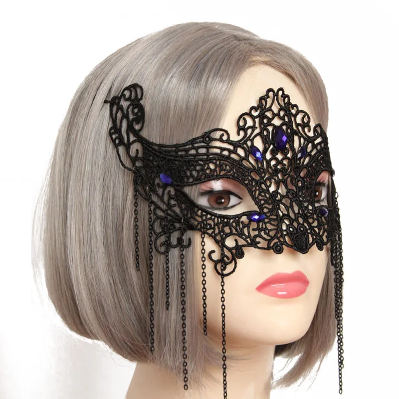 المرأة السوداء الدانتيل الثعلب القط حفلة تنكرية الوجه قناع عين حجر سلسلة شرابة الشعر بنس للشعر فستان بتصميم حالم زي الكرة اكسسوارات الحفلات