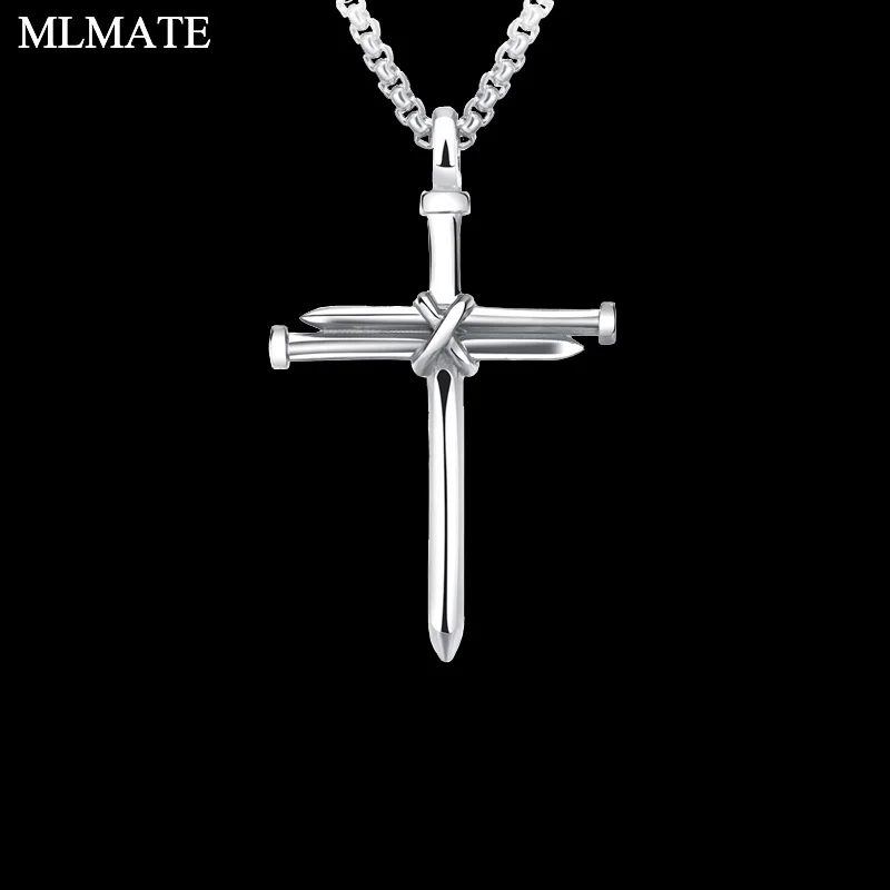 Men's Womens Antique Stainless Steel Nail Charm Cross Necklace Pendant Polished Gold Black Color