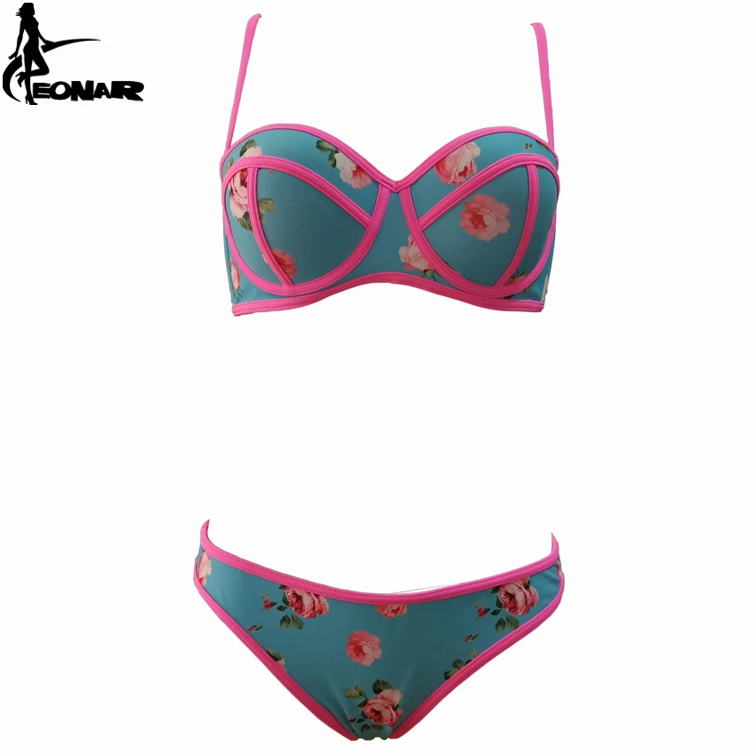 EONAR-Push Up Floral Print Bikini Set for Women, Swimsuit Swimwear, Adjustable Halter Strap, Ties at Back, Bathing Suits