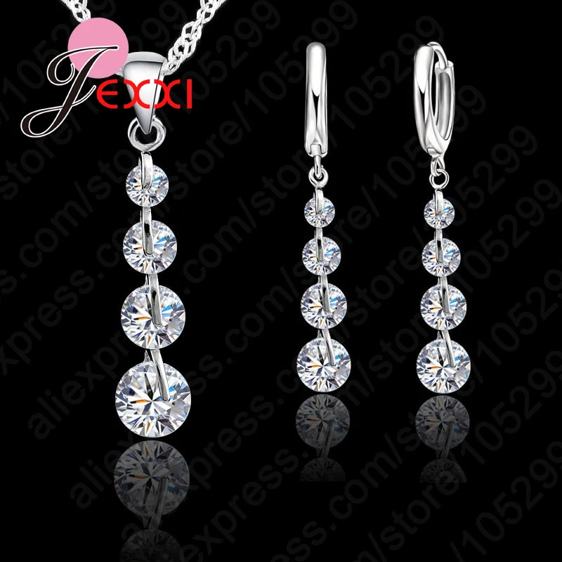 Exqusite Long Crystal Earrings Pendant Necklace Jewelry Set Shiny Zircon Crystal 925 Sterling Silver Top Quality Wedding Bijou