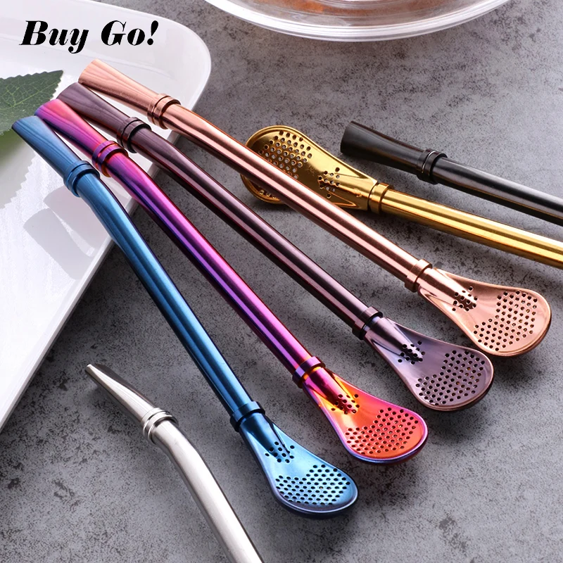 Colorful 304 Stainless Steel Tea Drinking Straws Spoon Yerba Mate Tea Filter Reusable Bombilla Gourd Tea Tools Bar Accessories