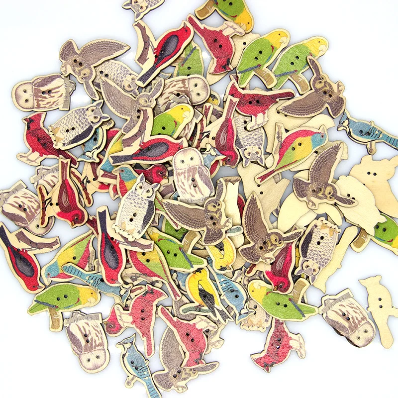 50Pcs  40*20mm Multicolor Cute Birds Botones Knopf 2 Holes Printing Wooden Buttons Scrapbooking Sewing Accessories