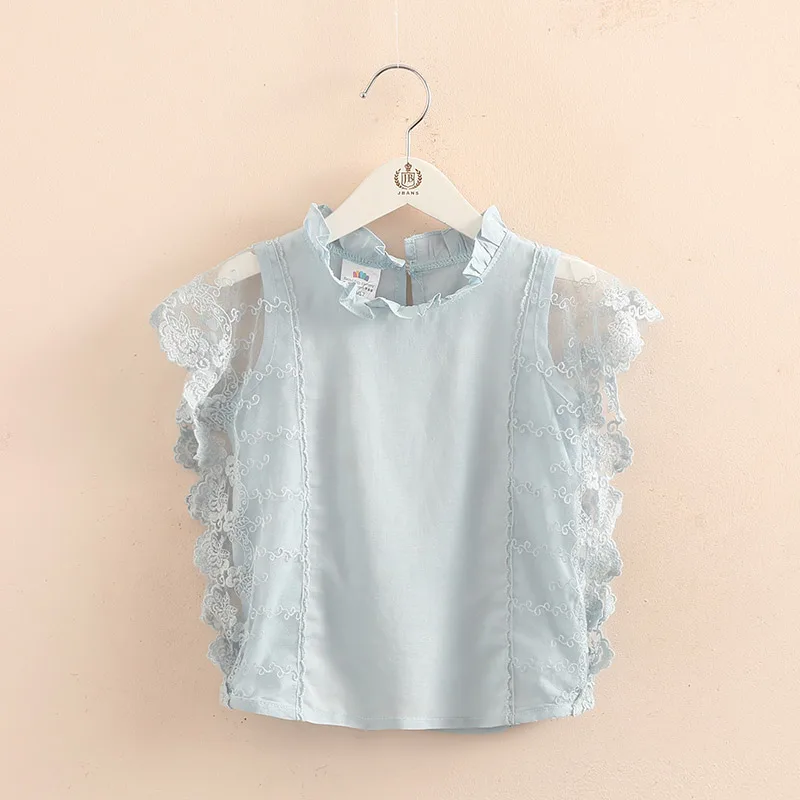 2023 Hot Summer New Design2 3 4 6 8 9 10Years Thin Sweet Cute Solid Color Lace Patchwork Blouse Baby Kids Girls Sleeveless Shirt