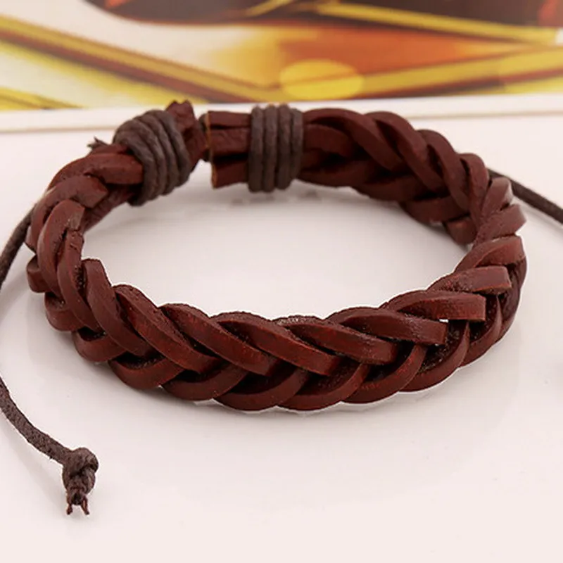 SHAOJIA Vintage Bracelet Handmade Woven Elegant Brown Leather Bracelets & Bangles For Women Men Jewelry Fashion Accessory