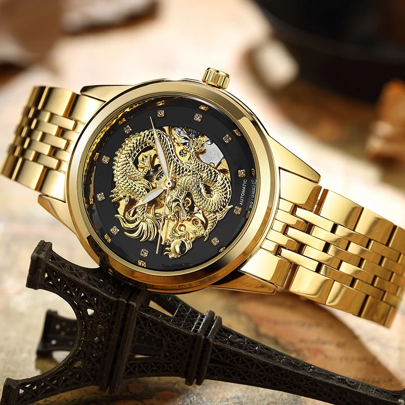 Luxury Gold Dragon Skeleton Automatic Mechanical Watches Men\'s Wristwatch Stainless Steel Black Clock Waterproof Male Cool Reloj