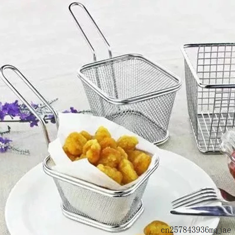 

50pcs Chips Fries Basket Mini Frying Basket Strainer French Fryer Colander Kitchen Chef Basket Cooking Tool Stainless Steel