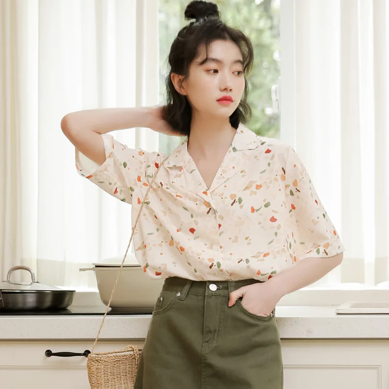 Chiffon Druck Hemd frauen Sommer Lose Dünne Kurzarm Shirts Bluse Mädchen Neue Koreanische Französisch Retro Freizeit Tops Tragen h9157