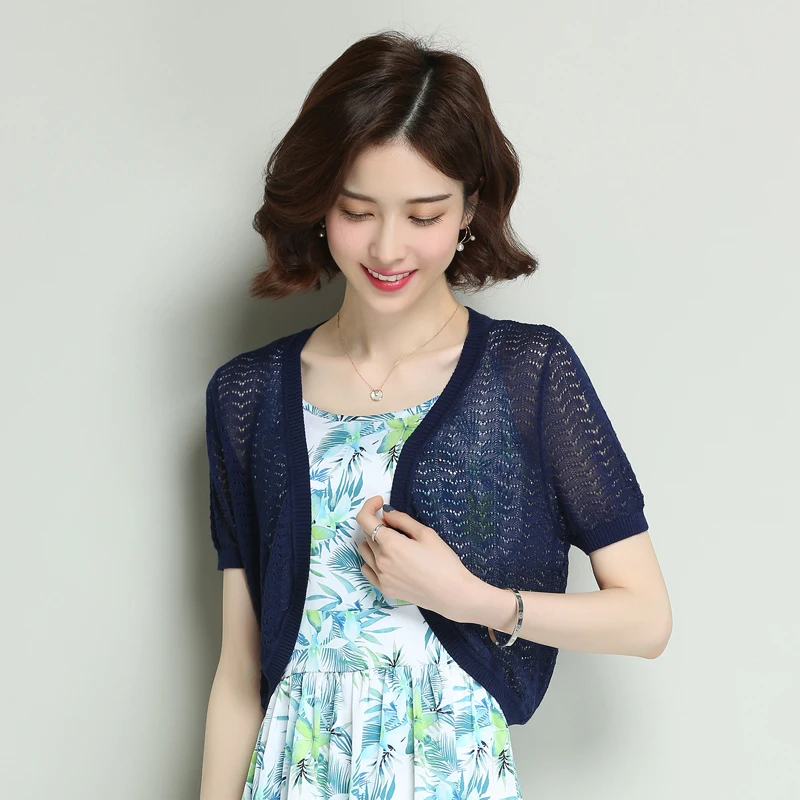 

High quality summer women silk knitwear elegant hollow thin knit cardigan short knit outwear