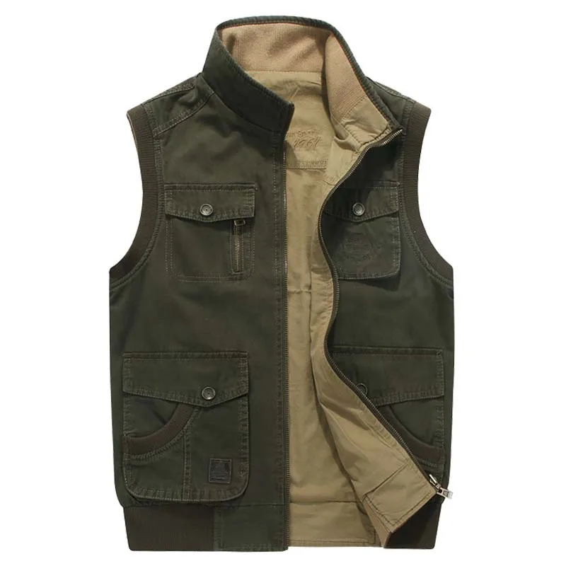 Double SIDE Vest Cotton PLUS SIZE M-8XL Men Casual Vest with Many Pocket Sleeveless Jacket Mandarin Collar Military Waistcoat