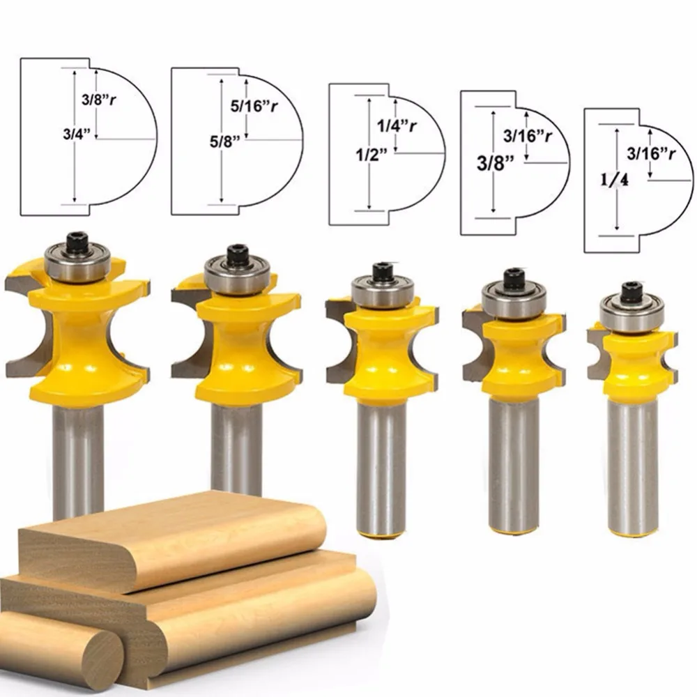 

HOEN 5pcs 6.35mm Shank Milling Cutters Bullnose Router Bit Set C3 Carbide Tipped 1/2" Shank Woodworking Concave Radius Cutter