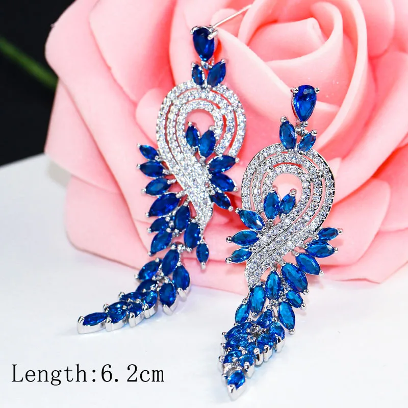 ThreeGraces Noble Big Cubic Zirconia Dark Blue Crystal Earring for Women Statement Round Flower Dangle Teardrop Earrings ER011