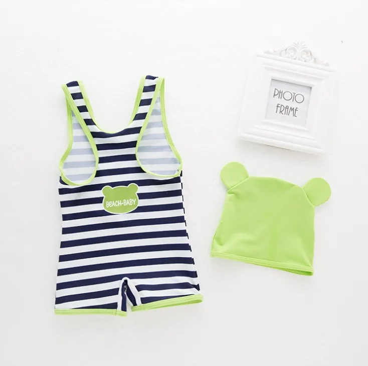 Hot sale~ Lovely Striped Frog Pattern Baby Boy Conjoined Swimwear with Swimming Cap/Children Hot Spring Swimming Suit  3094