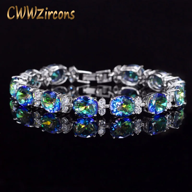 CWWZircons Brand Beautiful Round Oval Mystical Blue Rainbow Color Big Crystal Stone Bracelet Best Jewelry Gift for Women CB030