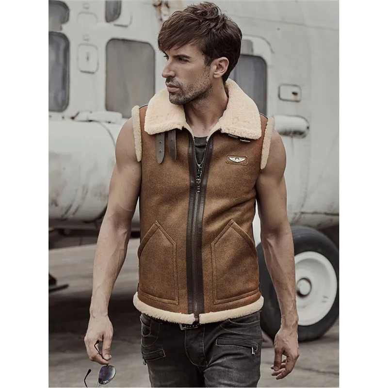 Denny&Dora Mens Shearling Vest B3 B6 A2 Companion Mens Sheepskin Bomber Vest Short Fur Coat