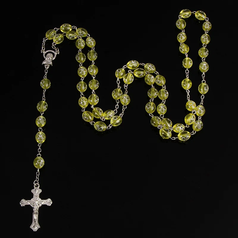 Catholic Rosary Flower Beads Plastic Rosary Necklace, Flower Bead Necklace, Catholic Charm Blessing Prayer Beads 8x10mm