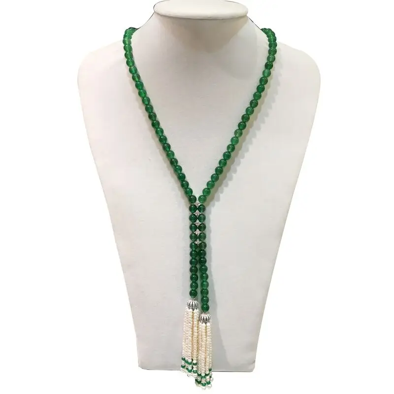 Hot sell super beautiful natural white freshwater pearl green stone tassel long sweater chain necklace fashion jewelry