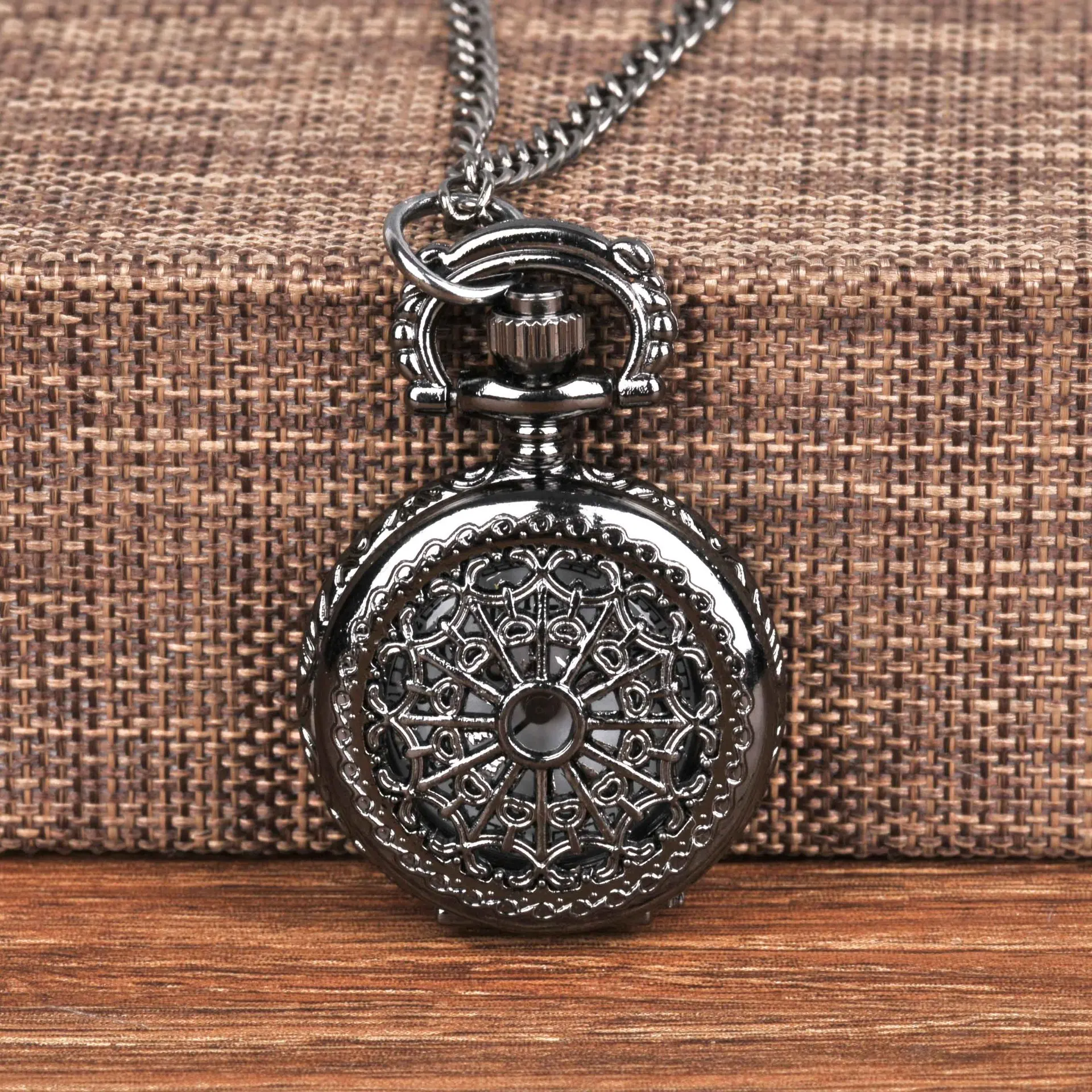 6009    Small pocket watch black cobweb retro vintage classic with necklace