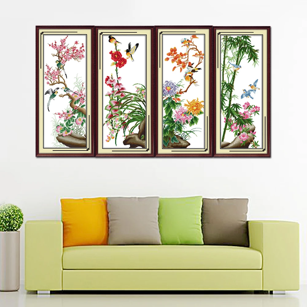 Joy Sunday-Flowers Home Decor, H102 H103 H104 H105, Red Plum Pink Orchid, Yellow Chrysanthemum Green Bamboo Cross Stitch Kit