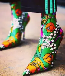 Hottest Flower Print Women Spandex Boots Sexy Point Toe Ladies High Heel Slip On Stretch Stain Sock Boots Fashion Slim Boots