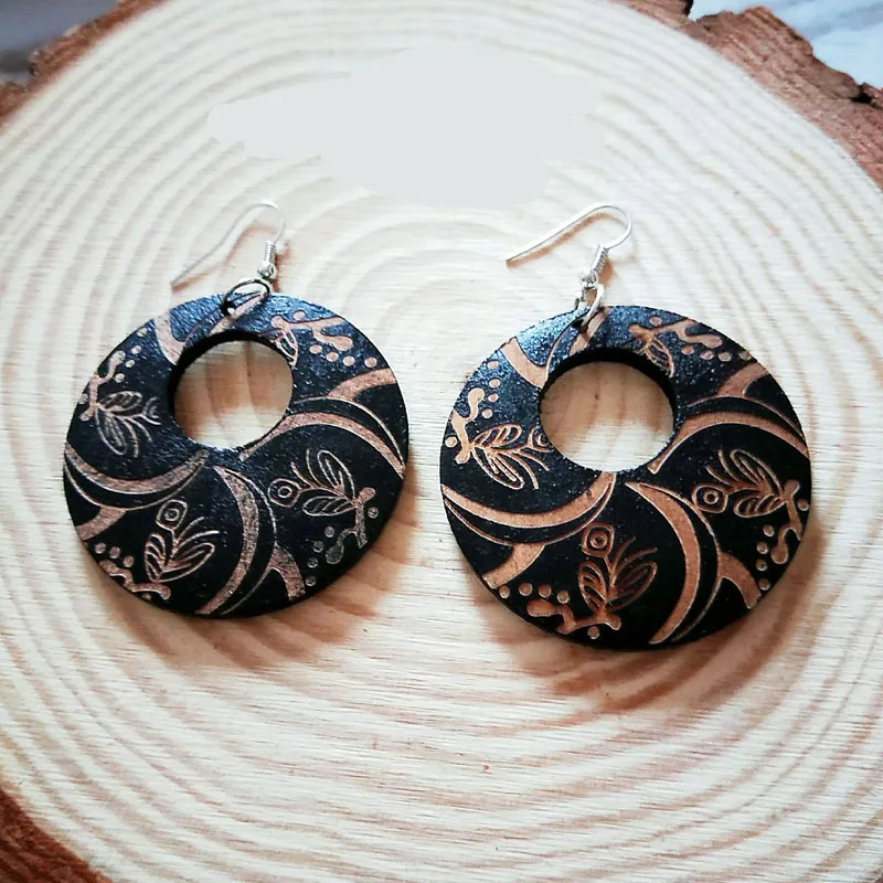 Black Wood Round Africa Handmade Engraved Flower DIY Tribal Earring Wooden Vintage Ethnic Accessories Ear African Boho Jewelry