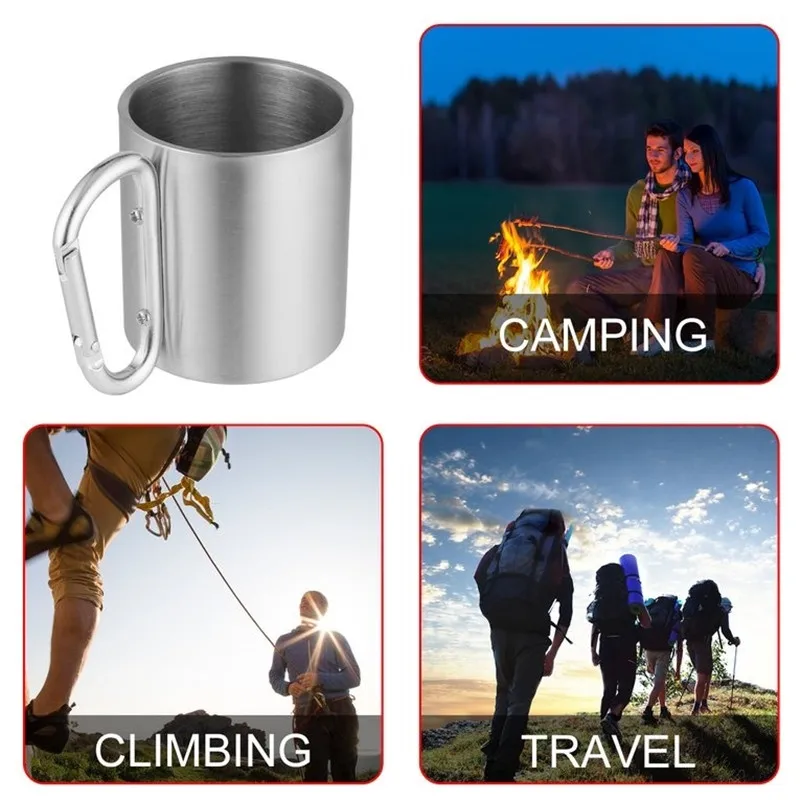 

Portable Camping Cup With Carabiner Stainless Steel Lock Hook Tea Coffee Milk Water Mug Travel Outdoor Cup For Backpacking Hike