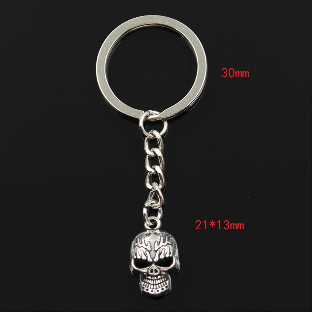 New Fashion Men 30mm Keychain DIY Metal Holder Chain Vintage Skeleton Head Skull 21x13mm Silver Color Pendant Gift