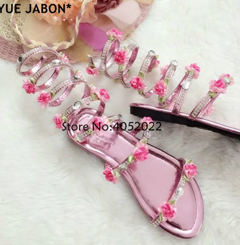 YUE JABON Summer Luxurious gladiator sandals women Flat Snake Punk Rhinestone Flower Flat Heel Women Sandals Wedding Party shoes