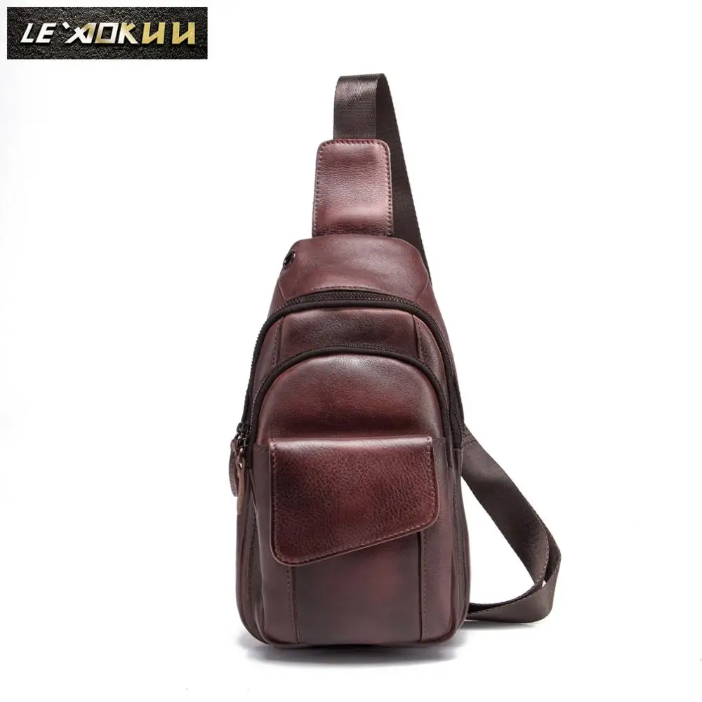 

Hot Sale Men Crazy Horse Leather Casual Fashion Daypack Chest Sling Bag 8" Tablet Design One Shoulder Cross body Bag Male 8013w